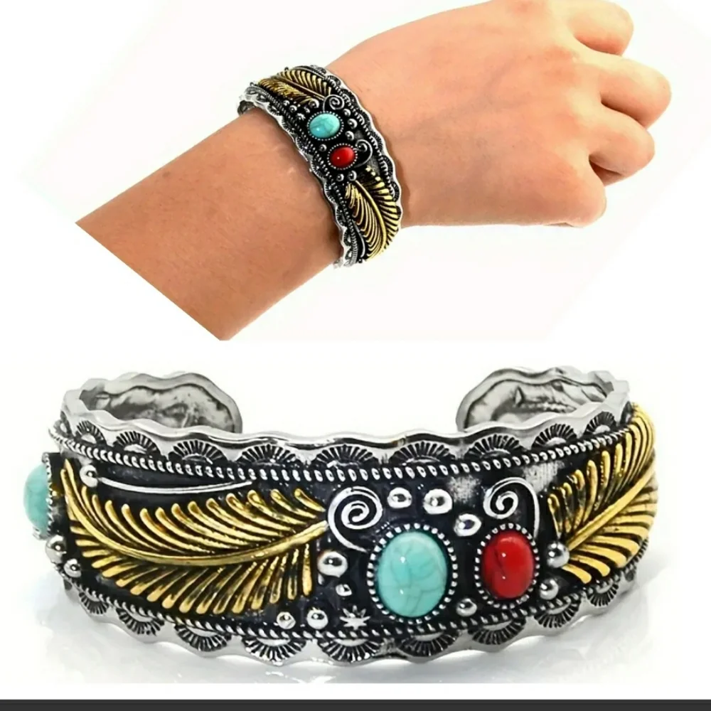 Southwestern Cuff Bohemian Feather Gypsy Festival Tribal Turquoise Stone NWT - Picture 1 of 3